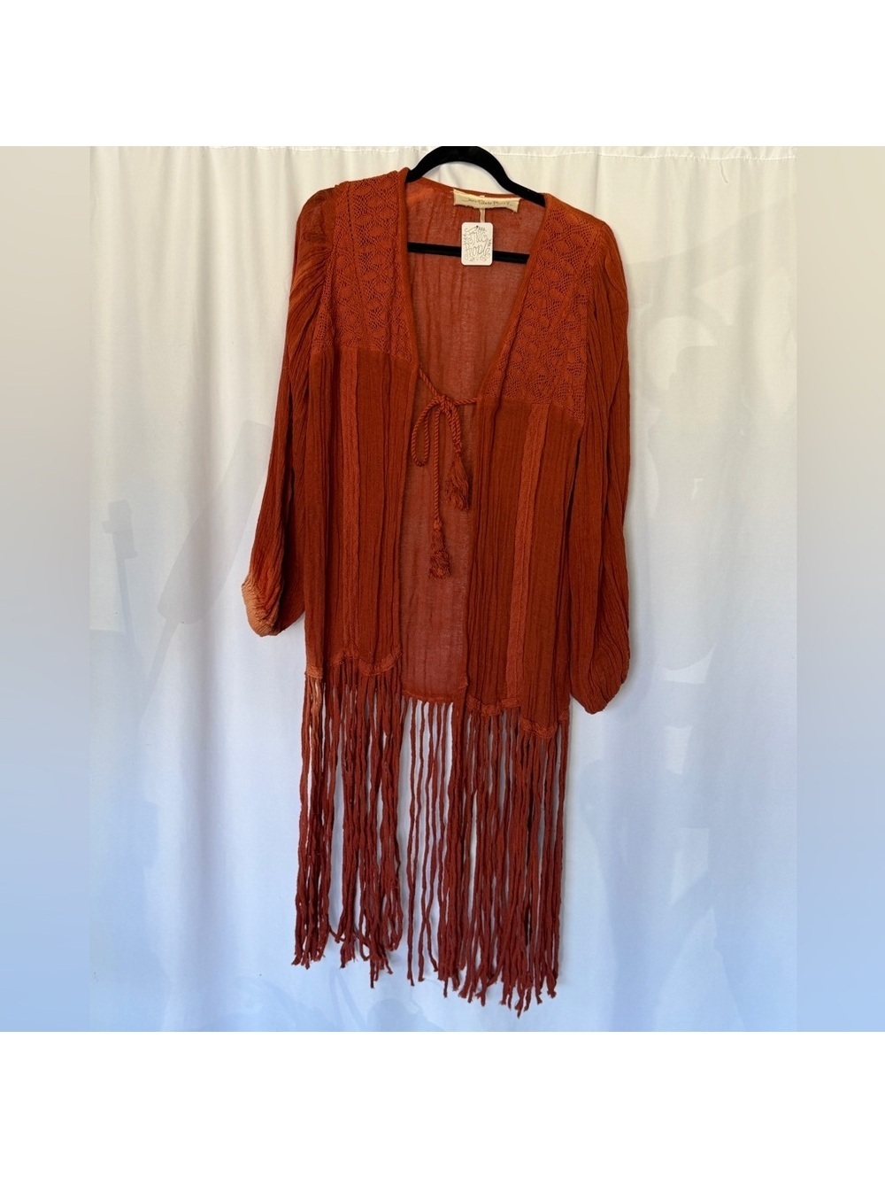 NWT M/L free people Rust Orange Fringe long sleeve tie front Cardigan